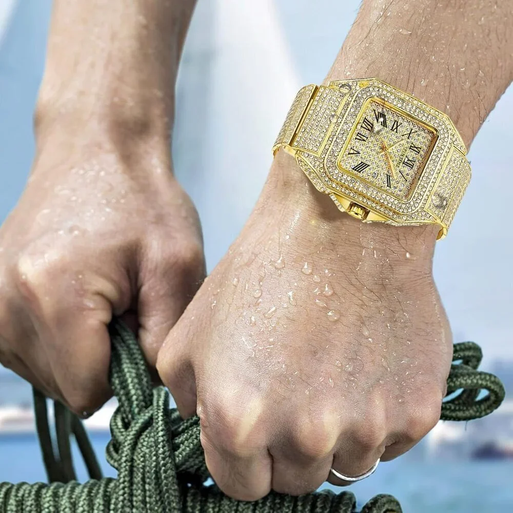 Men's Gold Crystal Bling Rectangle Case Stainless Steel Quartz Analog Watch